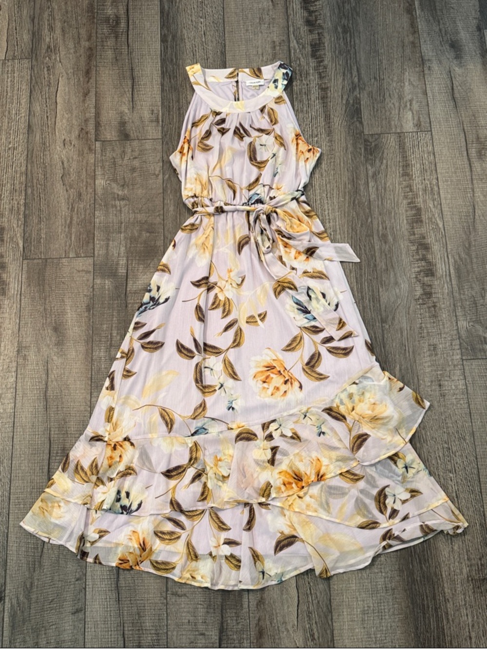 Calvin Klein Sleeveless Lavender Floral Maxi Dress with Tie Waist